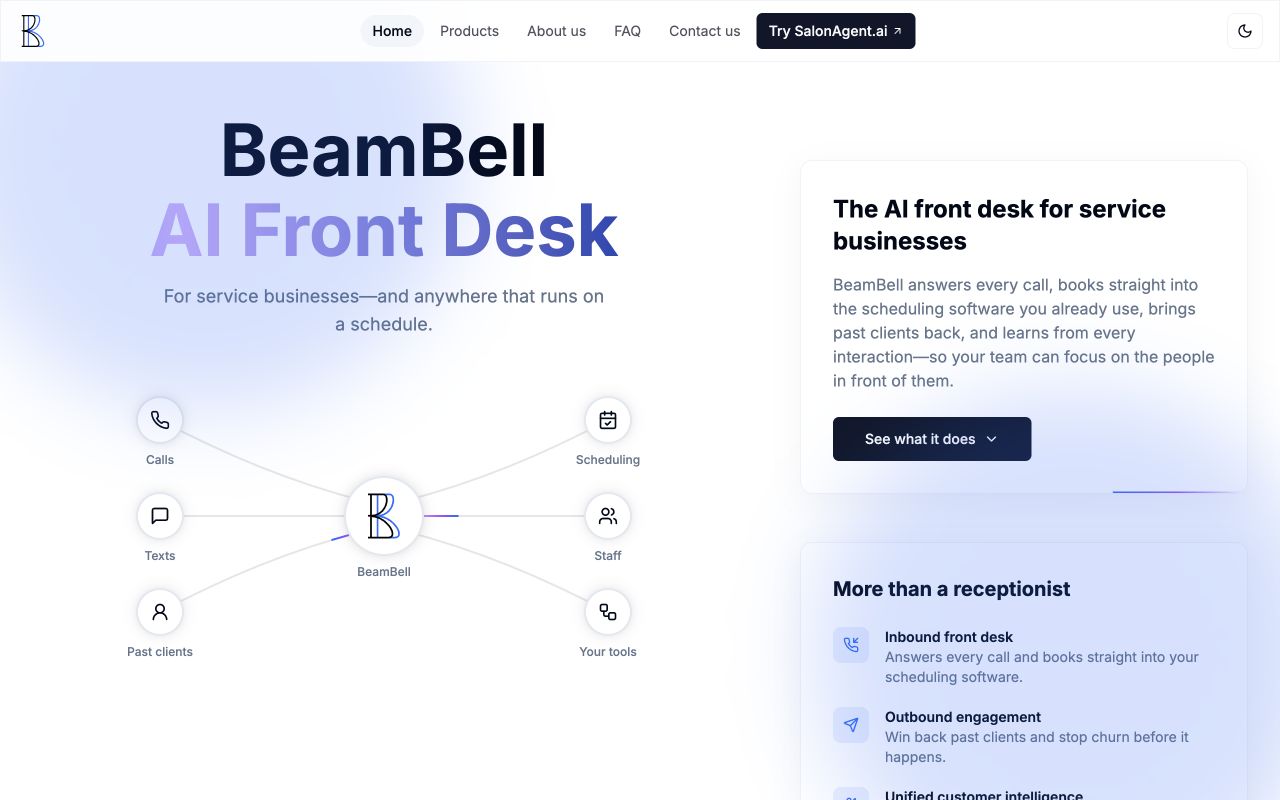 BeamBell homepage — AI front desk for service businesses