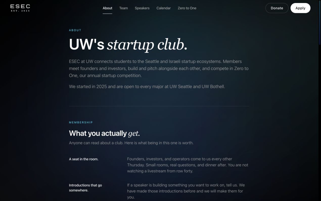 ESEC About page — UW’s startup club